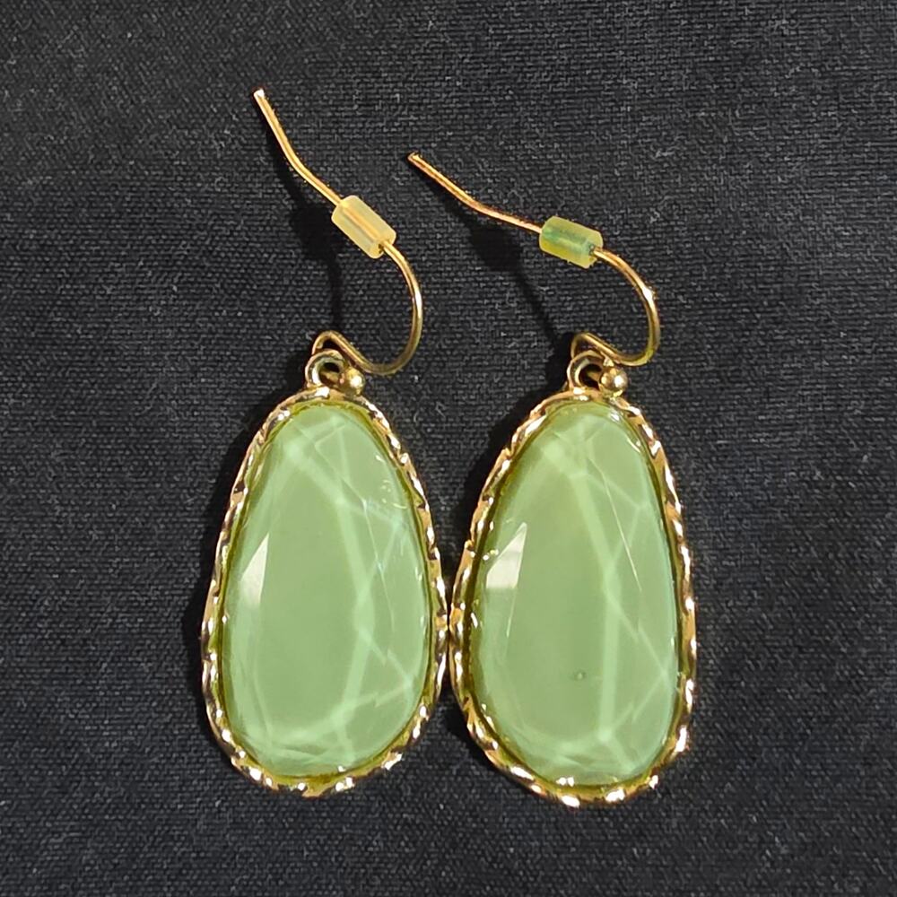 Green Teardrop Dangle Hook Earrings, Gold Tone Bezel Set Metal